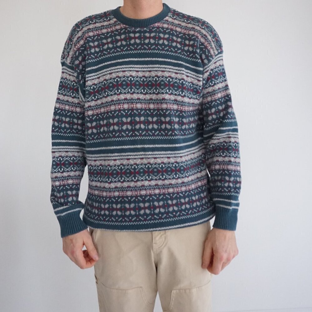 VTG '90S Club International Green Grey 100% Cotton Eclectic Crewneck Sweater L